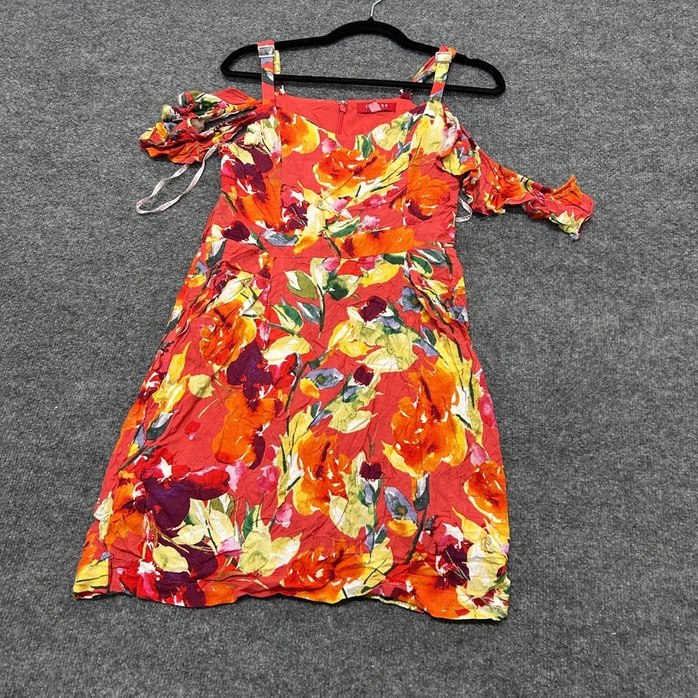 Guess Dress Womens Size M Red Floral Viscose Cold Shoulder Ruffle Mini Summer